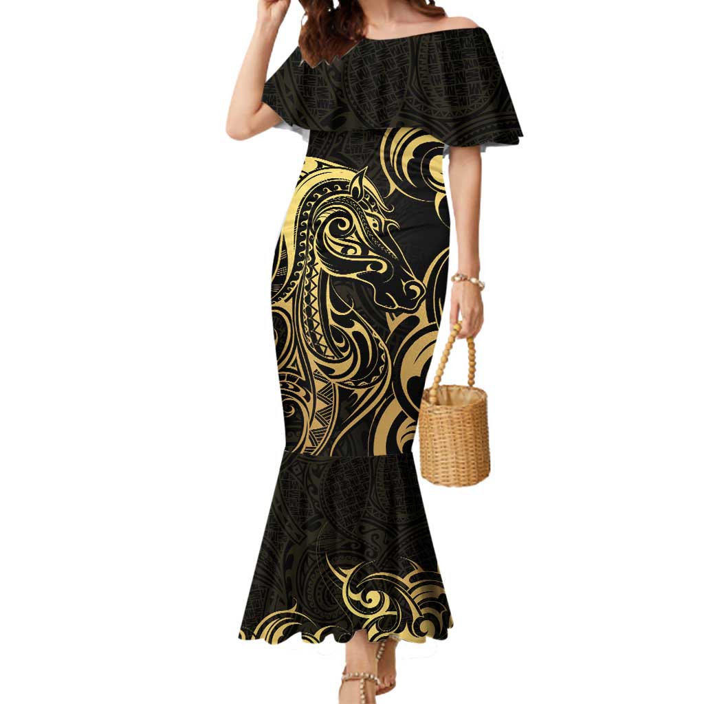 Gold And Black Aoteara Horse Racing Mermaid Dress NZ Maori Pattern