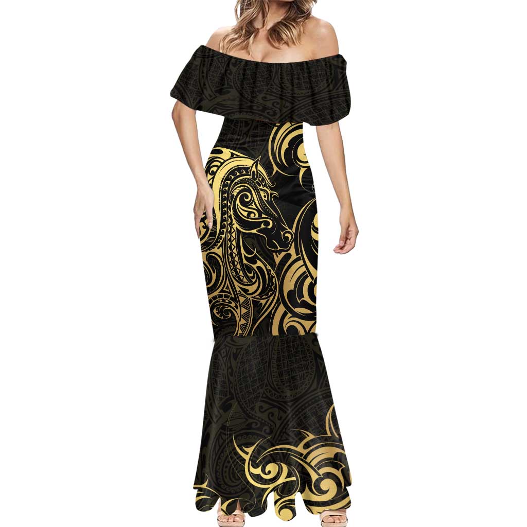 Gold And Black Aoteara Horse Racing Mermaid Dress NZ Maori Pattern