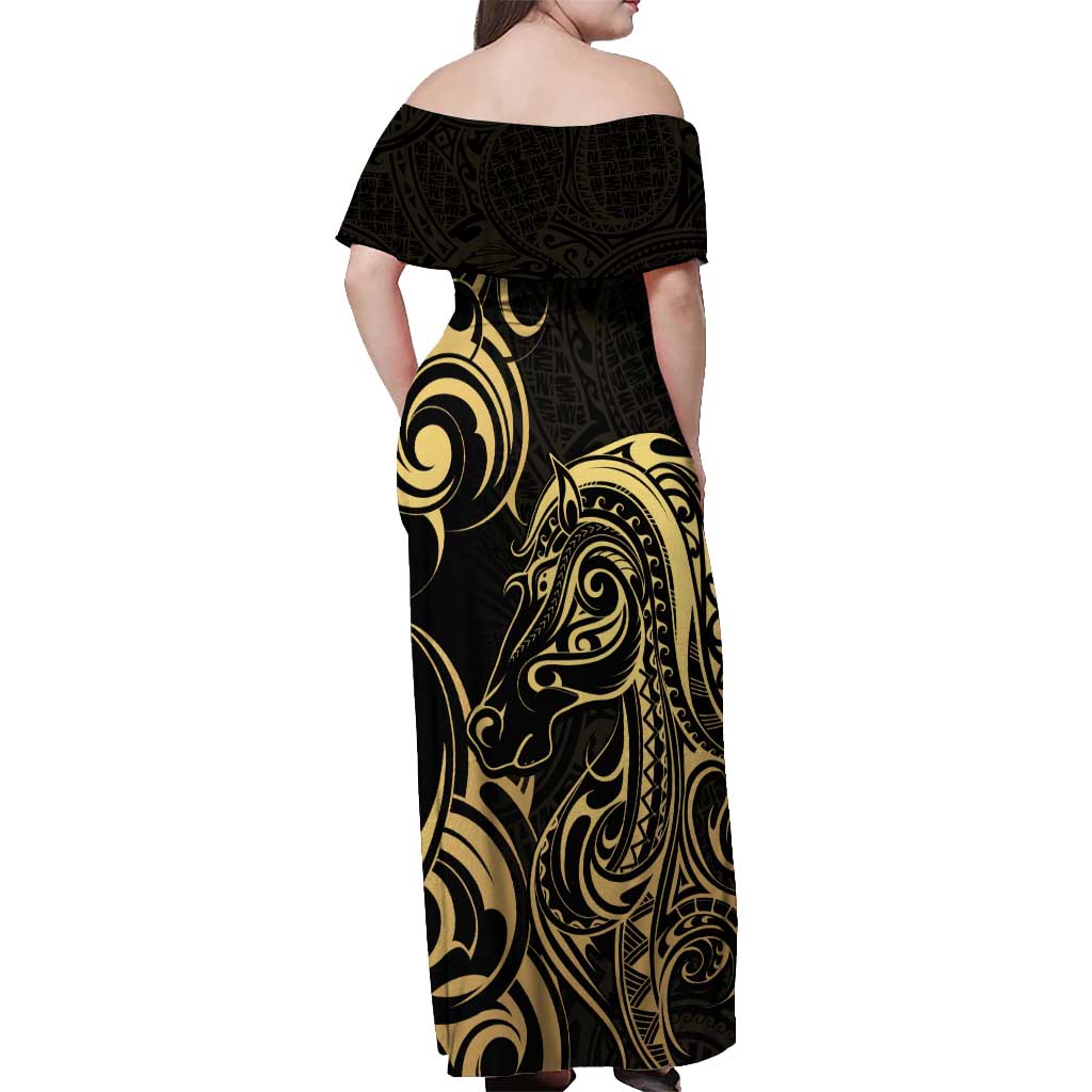 Gold And Black Aoteara Horse Racing Off Shoulder Maxi Dress NZ Maori Pattern