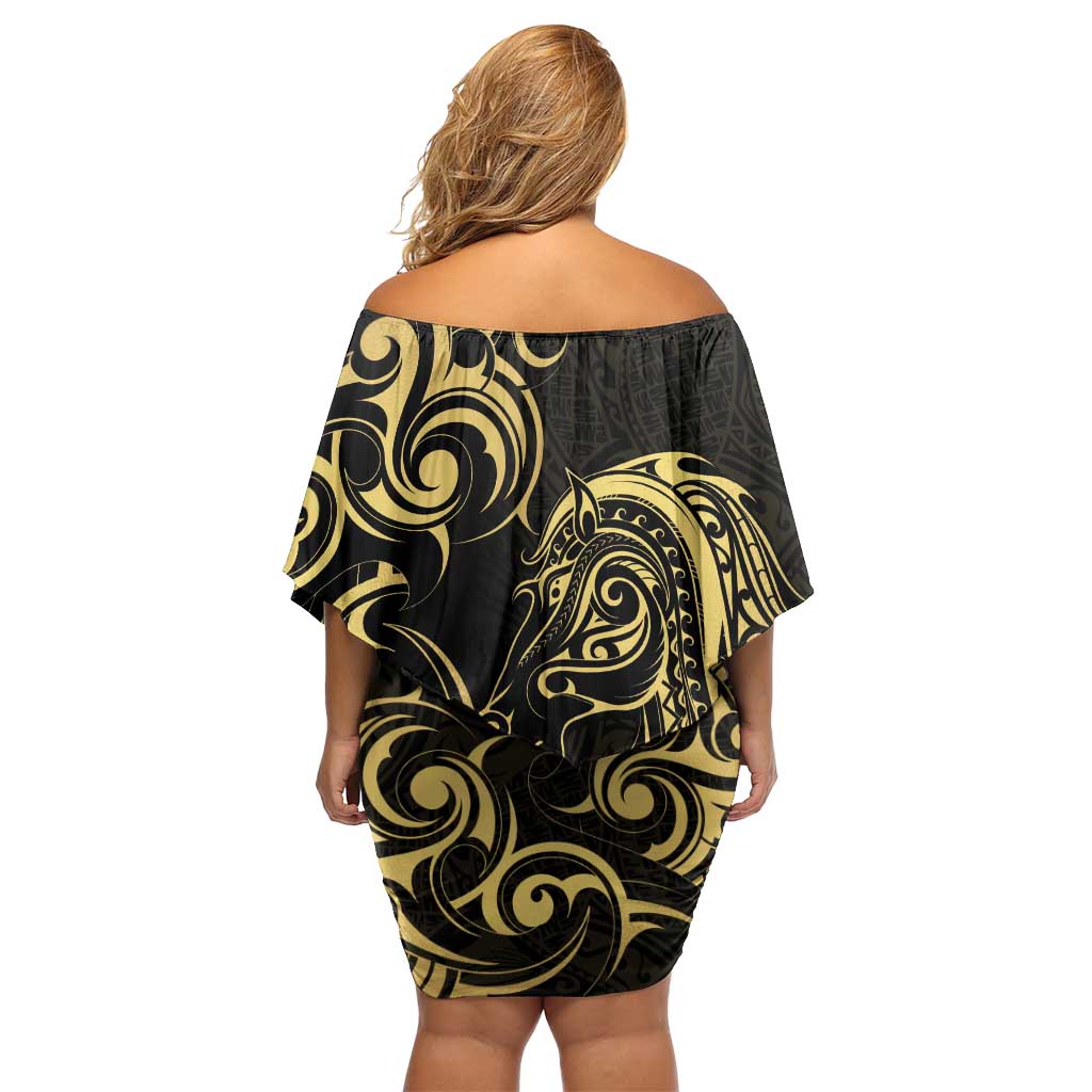 Gold And Black Aoteara Horse Racing Off Shoulder Short Dress NZ Maori Pattern