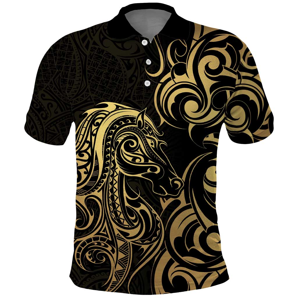 Gold And Black Aoteara Horse Racing Polo Shirt NZ Maori Pattern - Vibe Hoodie Shop