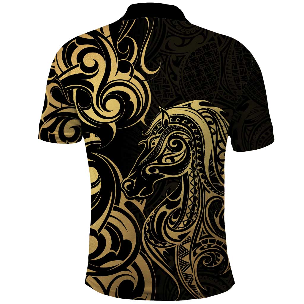 Gold And Black Aoteara Horse Racing Polo Shirt NZ Maori Pattern - Vibe Hoodie Shop