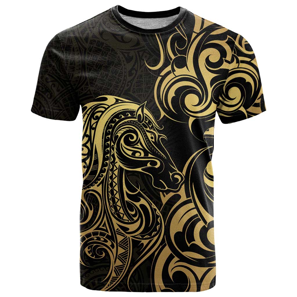Gold And Black Aoteara Horse Racing T Shirt NZ Maori Pattern - Vibe Hoodie Shop