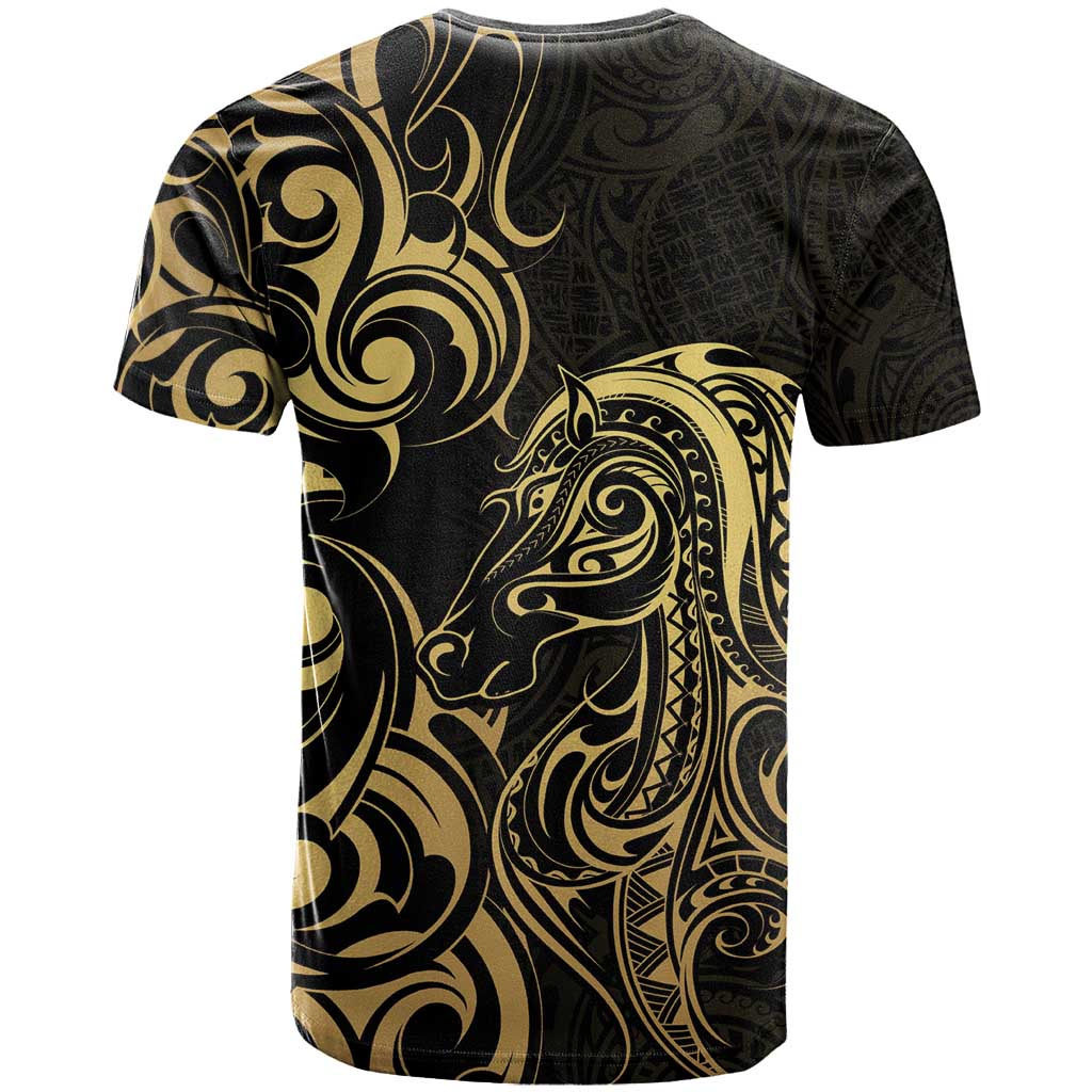 Gold And Black Aoteara Horse Racing T Shirt NZ Maori Pattern - Vibe Hoodie Shop