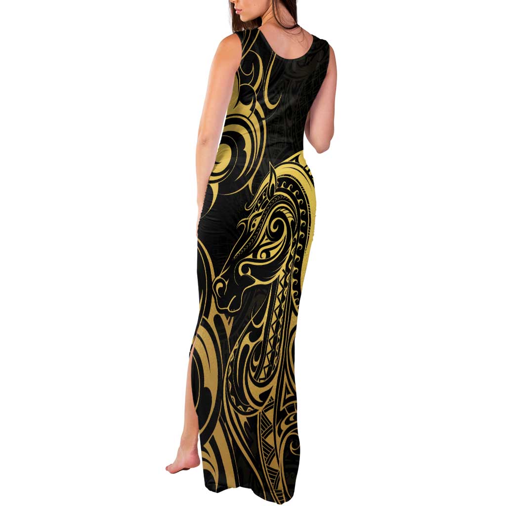 Gold And Black Aoteara Horse Racing Tank Maxi Dress NZ Maori Pattern