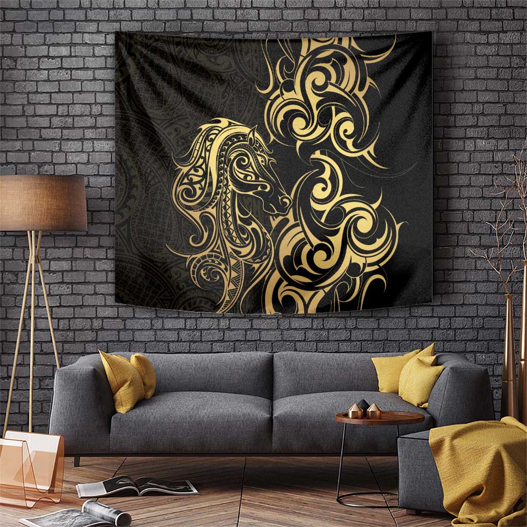 Gold And Black Aoteara Horse Racing Tapestry NZ Maori Pattern - Vibe Hoodie Shop