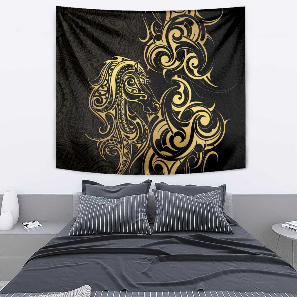 Gold And Black Aoteara Horse Racing Tapestry NZ Maori Pattern - Vibe Hoodie Shop