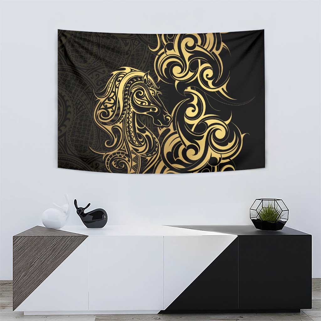 Gold And Black Aoteara Horse Racing Tapestry NZ Maori Pattern - Vibe Hoodie Shop