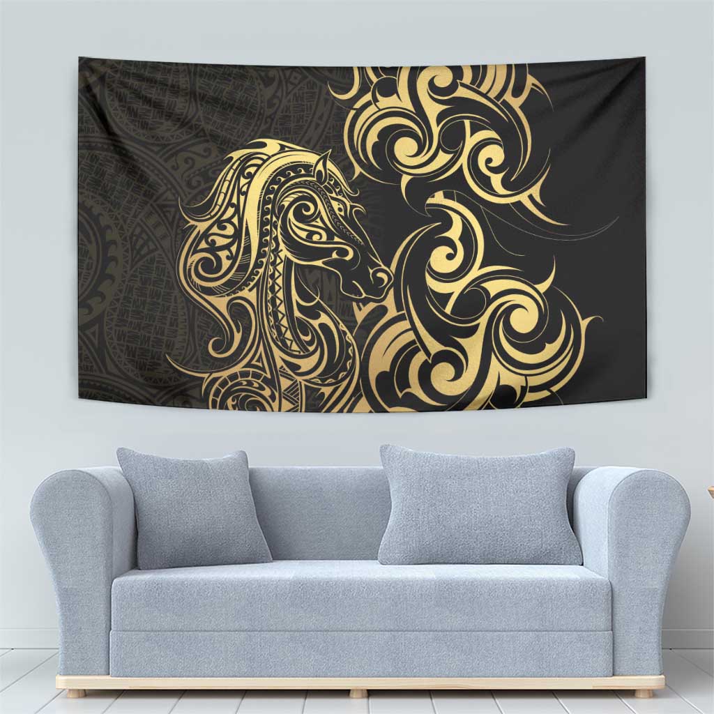 Gold And Black Aoteara Horse Racing Tapestry NZ Maori Pattern - Vibe Hoodie Shop