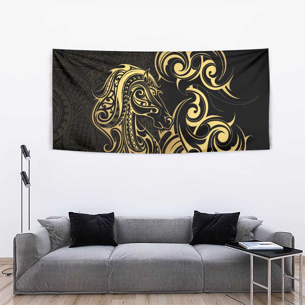 Gold And Black Aoteara Horse Racing Tapestry NZ Maori Pattern - Vibe Hoodie Shop