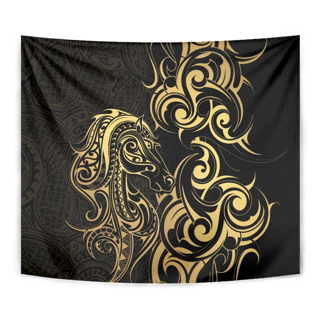 Gold And Black Aoteara Horse Racing Tapestry NZ Maori Pattern - Vibe Hoodie Shop