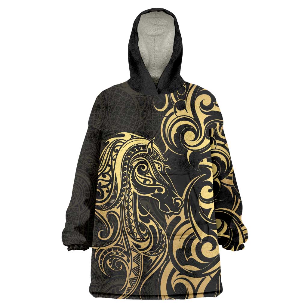 Gold And Black Aoteara Horse Racing Wearable Blanket Hoodie NZ Maori Pattern - Vibe Hoodie Shop