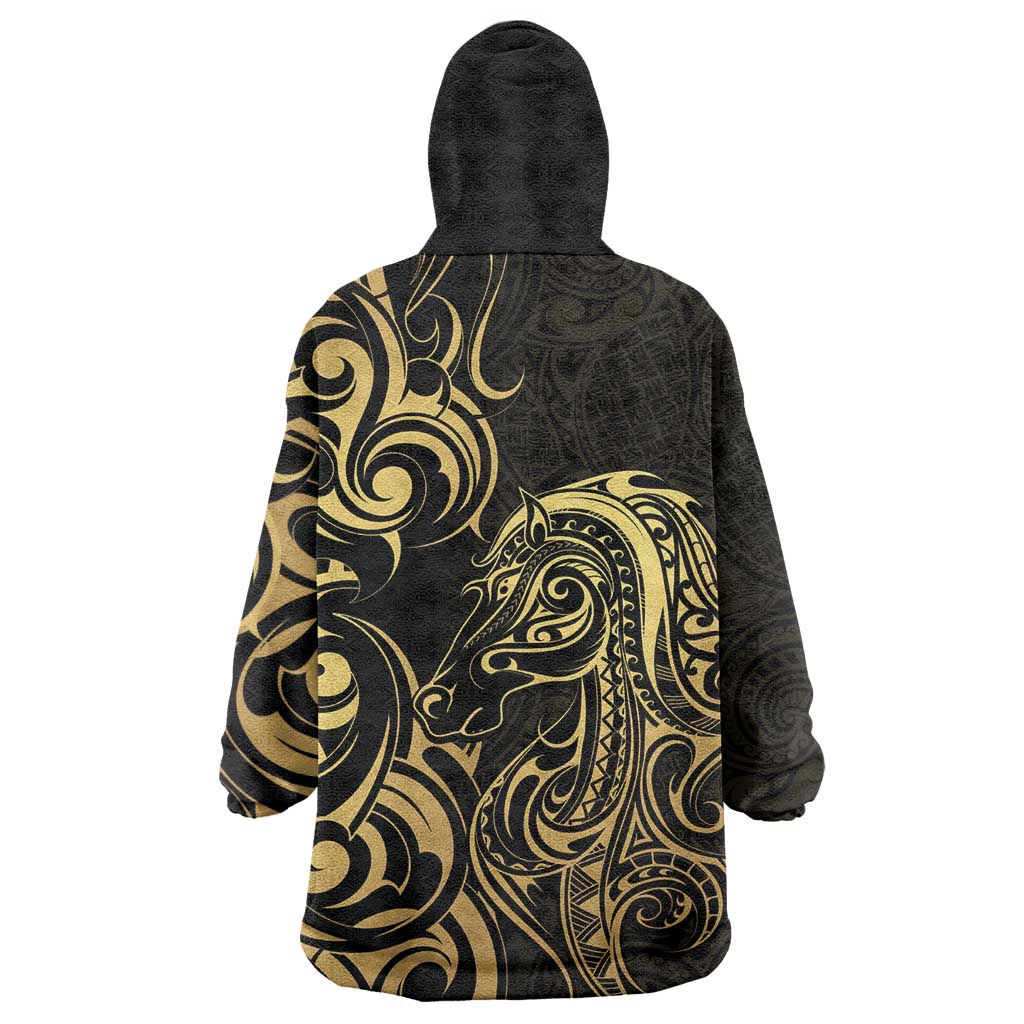 Gold And Black Aoteara Horse Racing Wearable Blanket Hoodie NZ Maori Pattern - Vibe Hoodie Shop