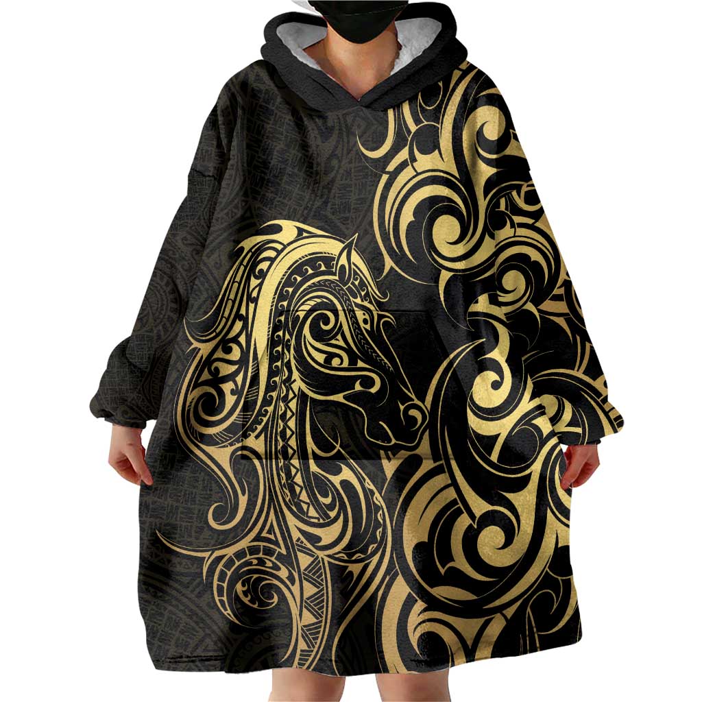 Gold And Black Aoteara Horse Racing Wearable Blanket Hoodie NZ Maori Pattern - Vibe Hoodie Shop