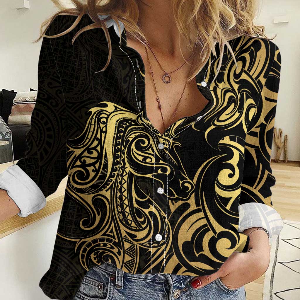 Gold And Black Aoteara Horse Racing Women Casual Shirt NZ Maori Pattern - Vibe Hoodie Shop