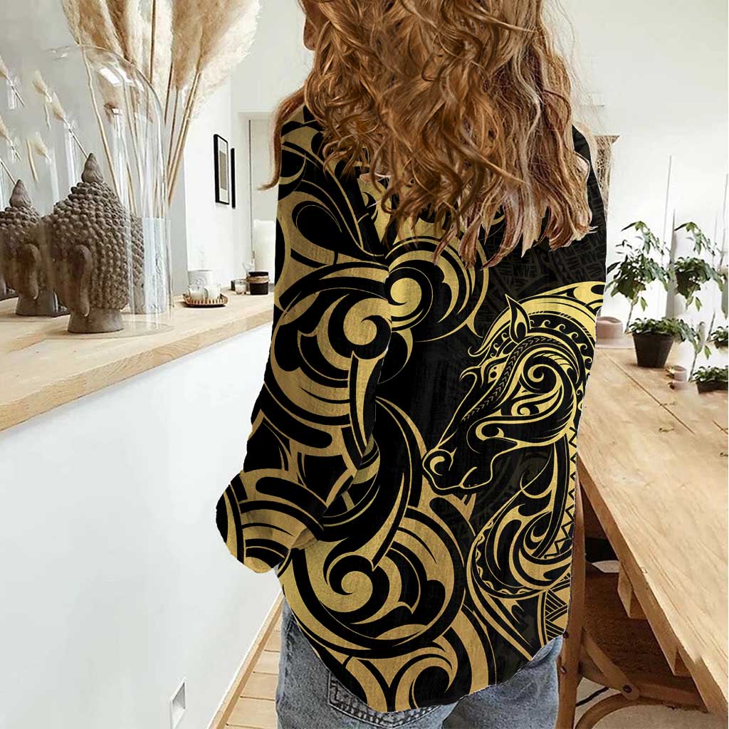 Gold And Black Aoteara Horse Racing Women Casual Shirt NZ Maori Pattern - Vibe Hoodie Shop