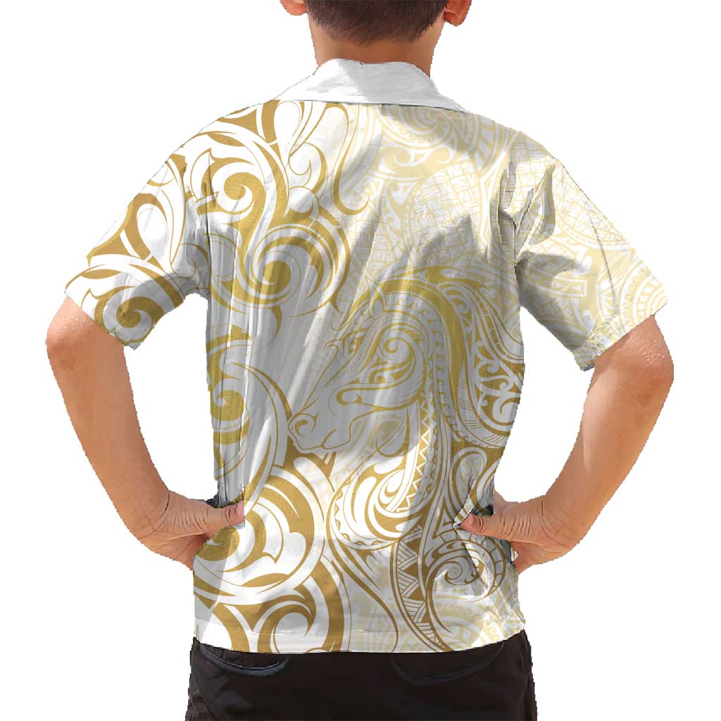 Gold And White Aoteara Horse Racing Family Matching Long Sleeve Bodycon Dress and Hawaiian Shirt NZ Maori Pattern