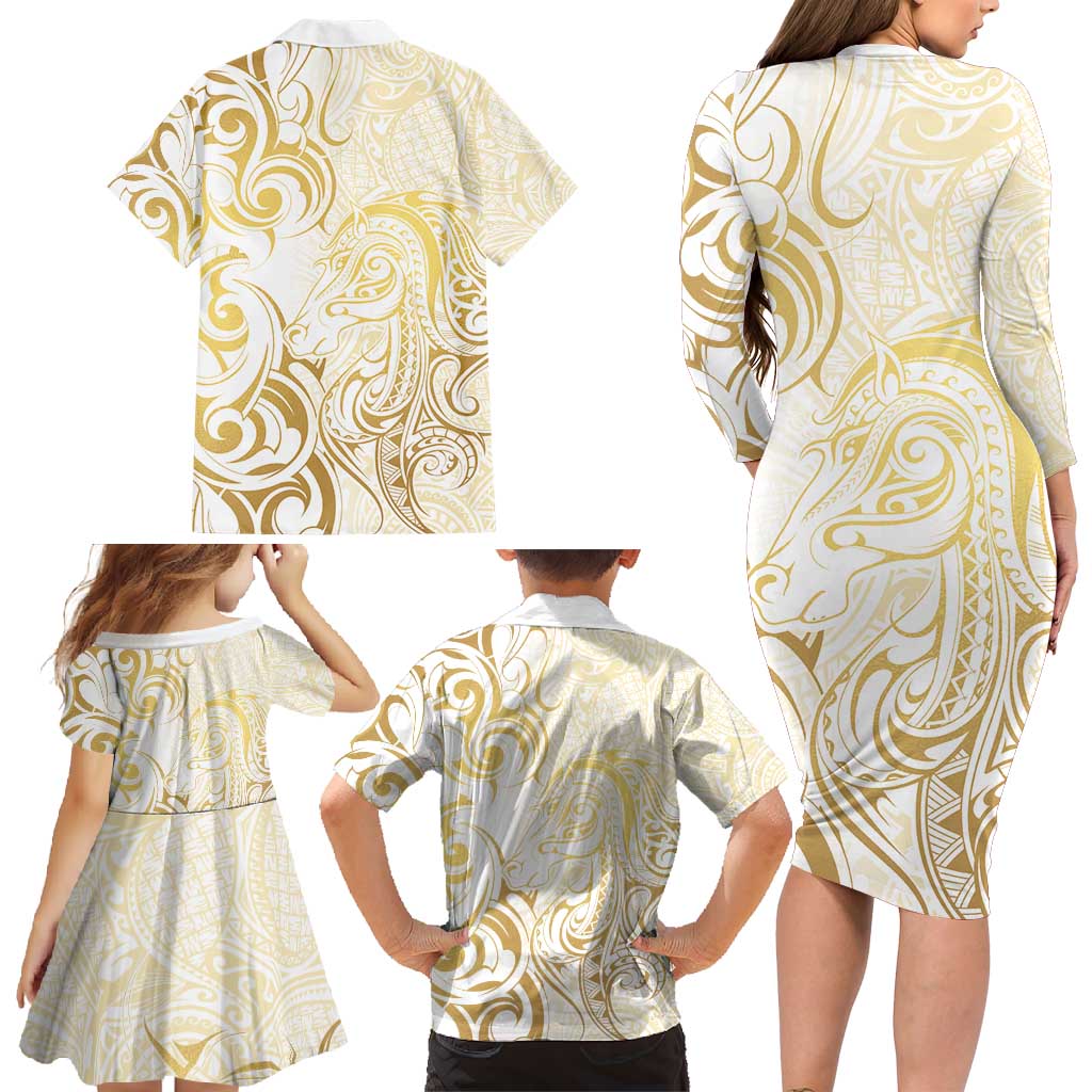 Gold And White Aoteara Horse Racing Family Matching Long Sleeve Bodycon Dress and Hawaiian Shirt NZ Maori Pattern