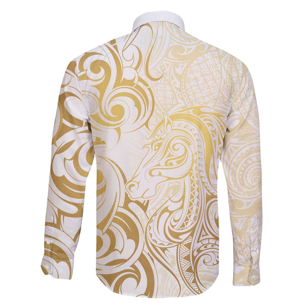 Gold And White Aoteara Horse Racing Family Matching Long Sleeve Bodycon Dress and Hawaiian Shirt NZ Maori Pattern