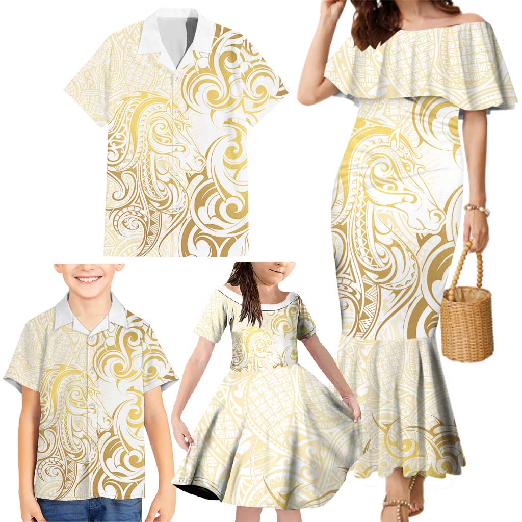 Gold And White Aoteara Horse Racing Family Matching Mermaid Dress and Hawaiian Shirt NZ Maori Pattern