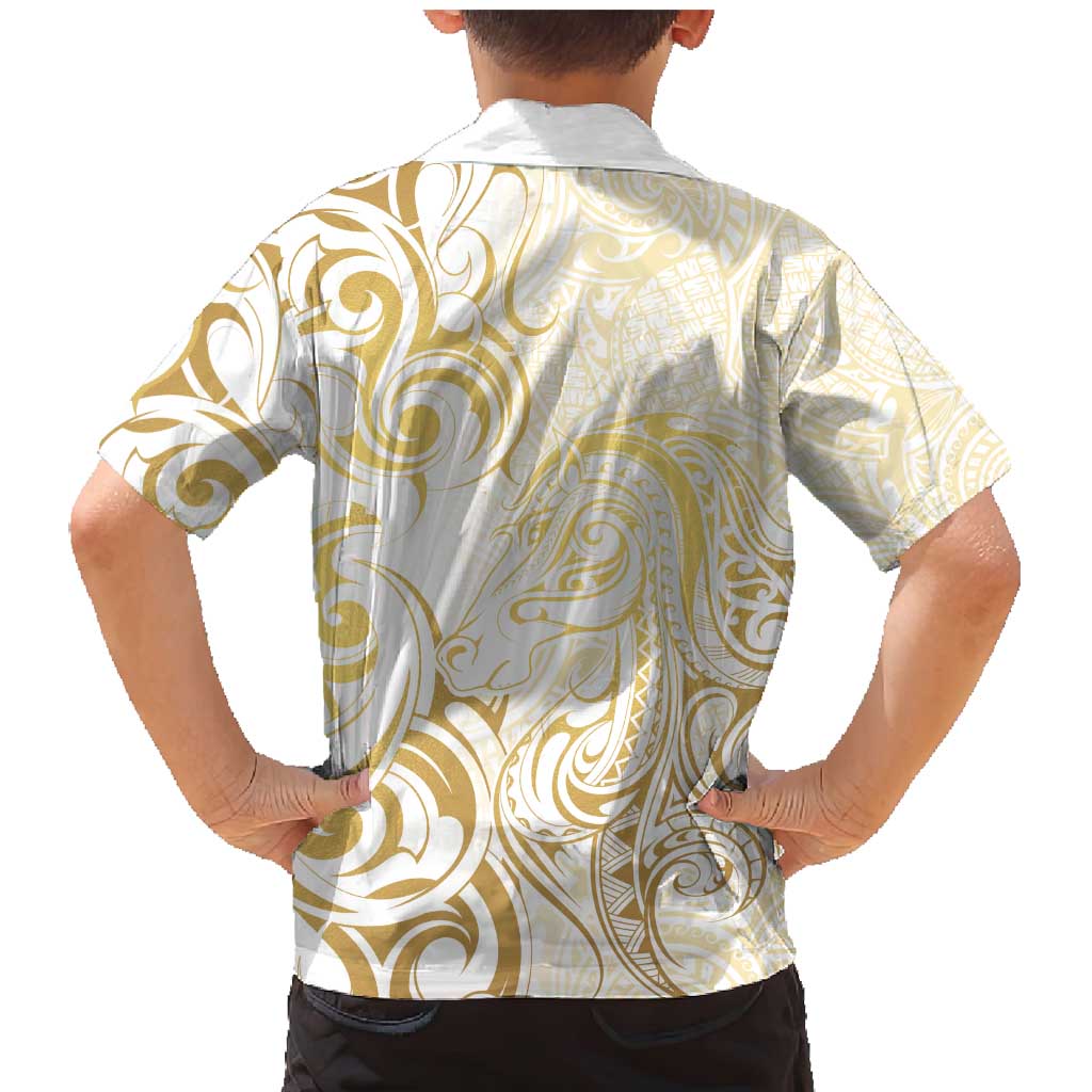 Gold And White Aoteara Horse Racing Family Matching Mermaid Dress and Hawaiian Shirt NZ Maori Pattern