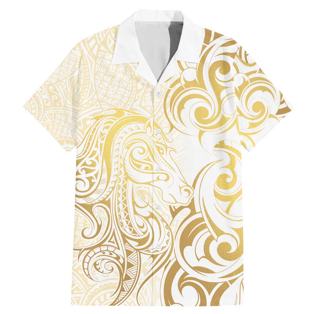 Gold And White Aoteara Horse Racing Family Matching Mermaid Dress and Hawaiian Shirt NZ Maori Pattern