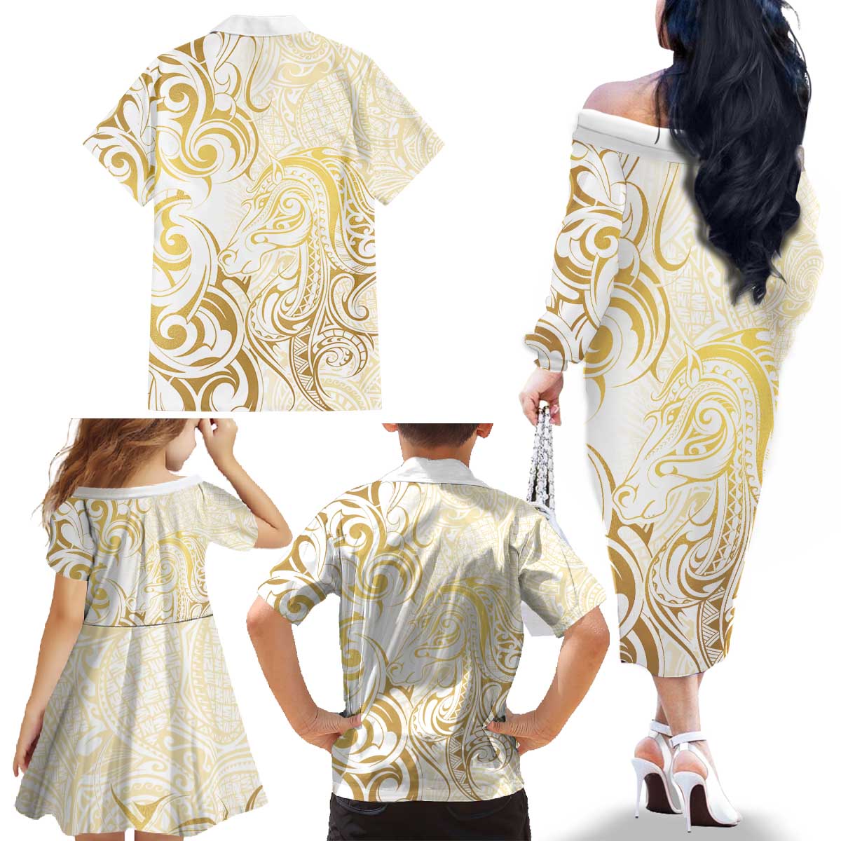 Gold And White Aoteara Horse Racing Family Matching Off The Shoulder Long Sleeve Dress and Hawaiian Shirt NZ Maori Pattern