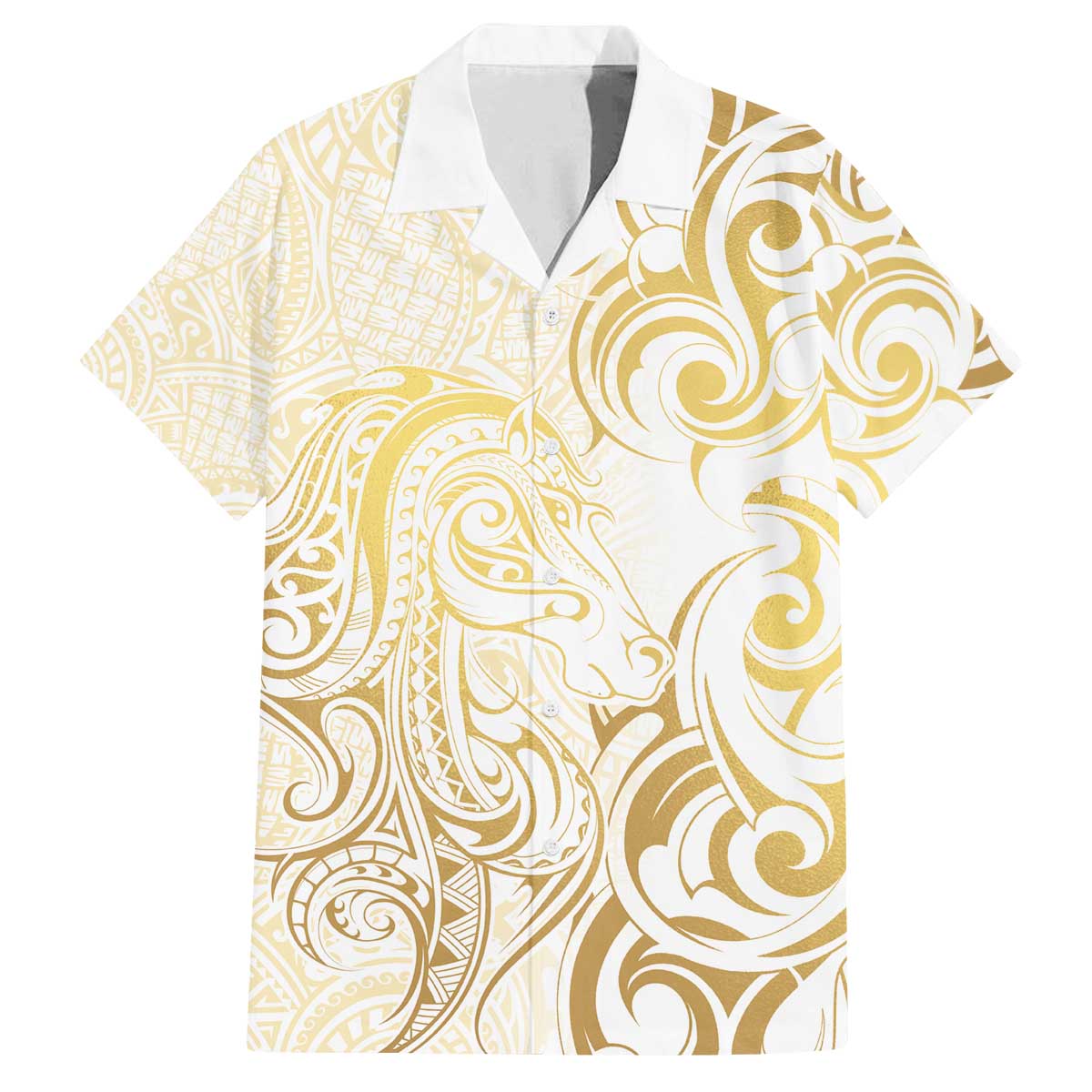 Gold And White Aoteara Horse Racing Family Matching Off The Shoulder Long Sleeve Dress and Hawaiian Shirt NZ Maori Pattern