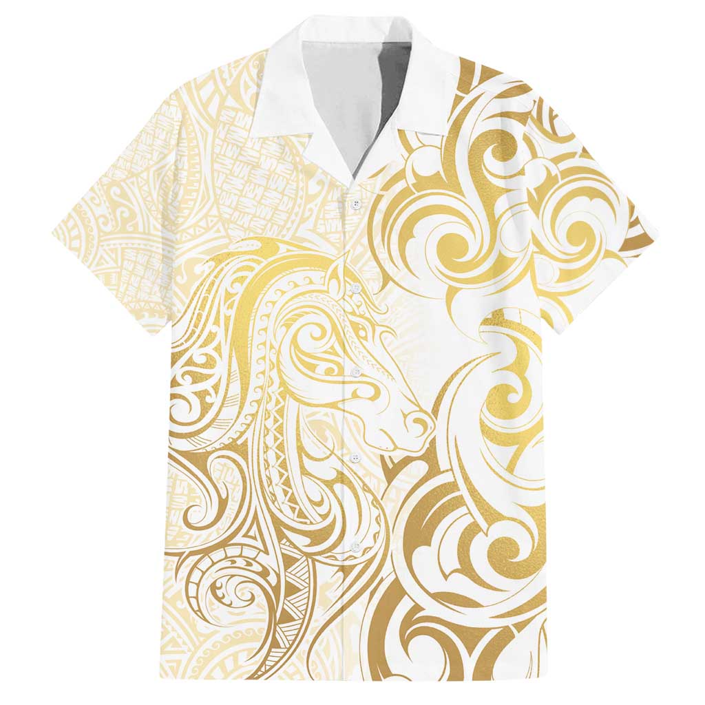 Gold And White Aoteara Horse Racing Family Matching Off Shoulder Maxi Dress and Hawaiian Shirt NZ Maori Pattern