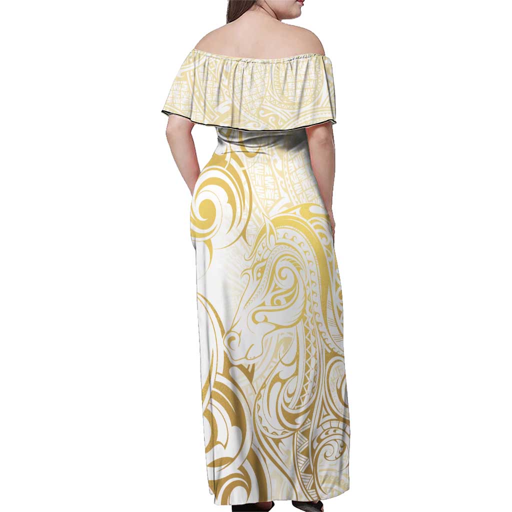 Gold And White Aoteara Horse Racing Family Matching Off Shoulder Maxi Dress and Hawaiian Shirt NZ Maori Pattern