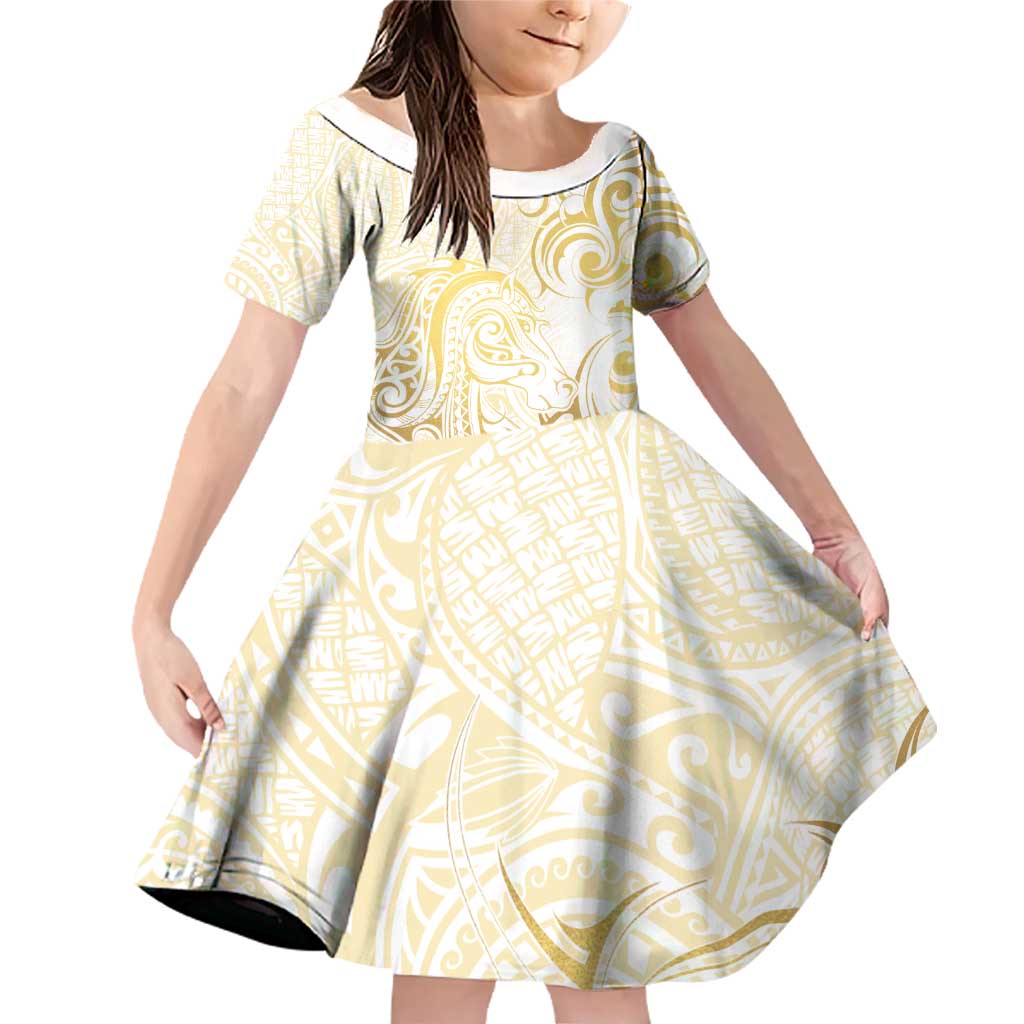 Gold And White Aoteara Horse Racing Family Matching Off Shoulder Short Dress and Hawaiian Shirt NZ Maori Pattern