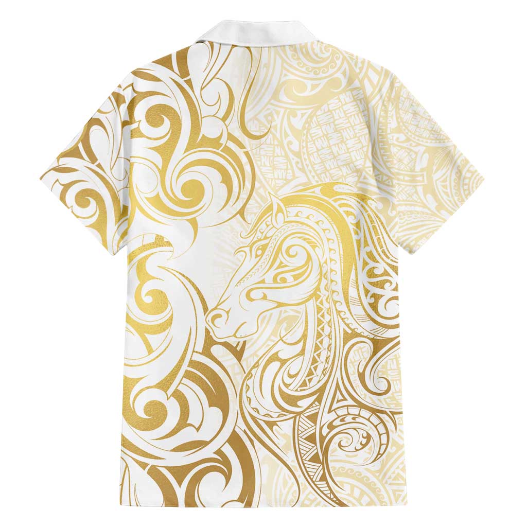 Gold And White Aoteara Horse Racing Family Matching Off Shoulder Short Dress and Hawaiian Shirt NZ Maori Pattern