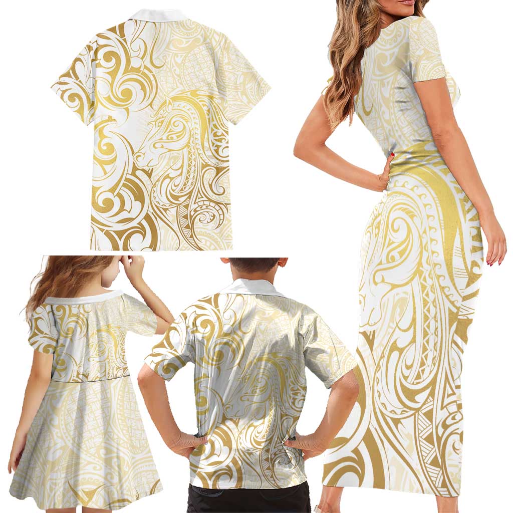 Gold And White Aoteara Horse Racing Family Matching Short Sleeve Bodycon Dress and Hawaiian Shirt NZ Maori Pattern