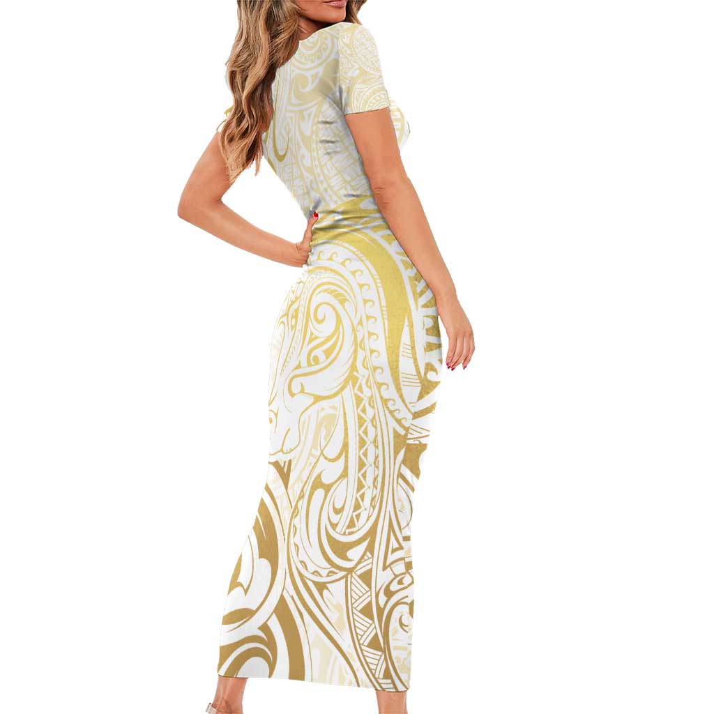 Gold And White Aoteara Horse Racing Family Matching Short Sleeve Bodycon Dress and Hawaiian Shirt NZ Maori Pattern