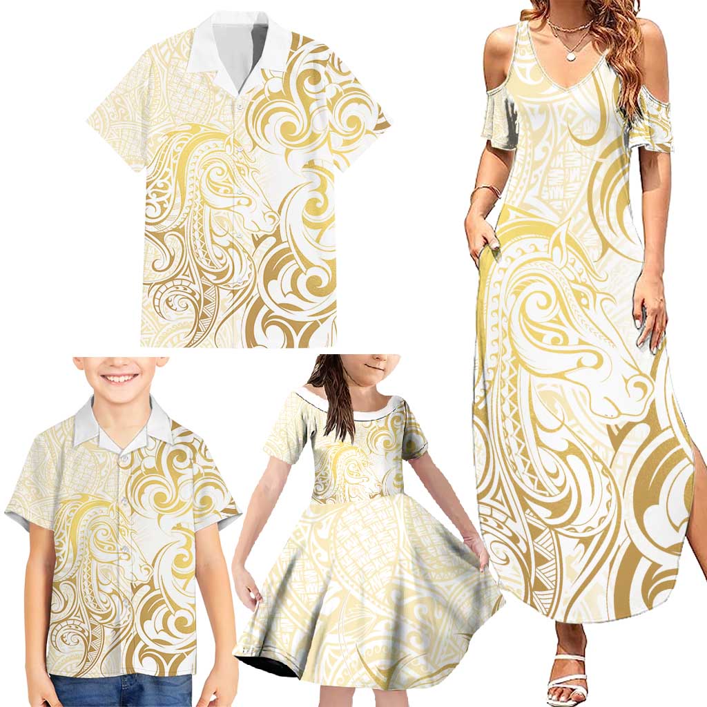 Gold And White Aoteara Horse Racing Family Matching Summer Maxi Dress and Hawaiian Shirt NZ Maori Pattern