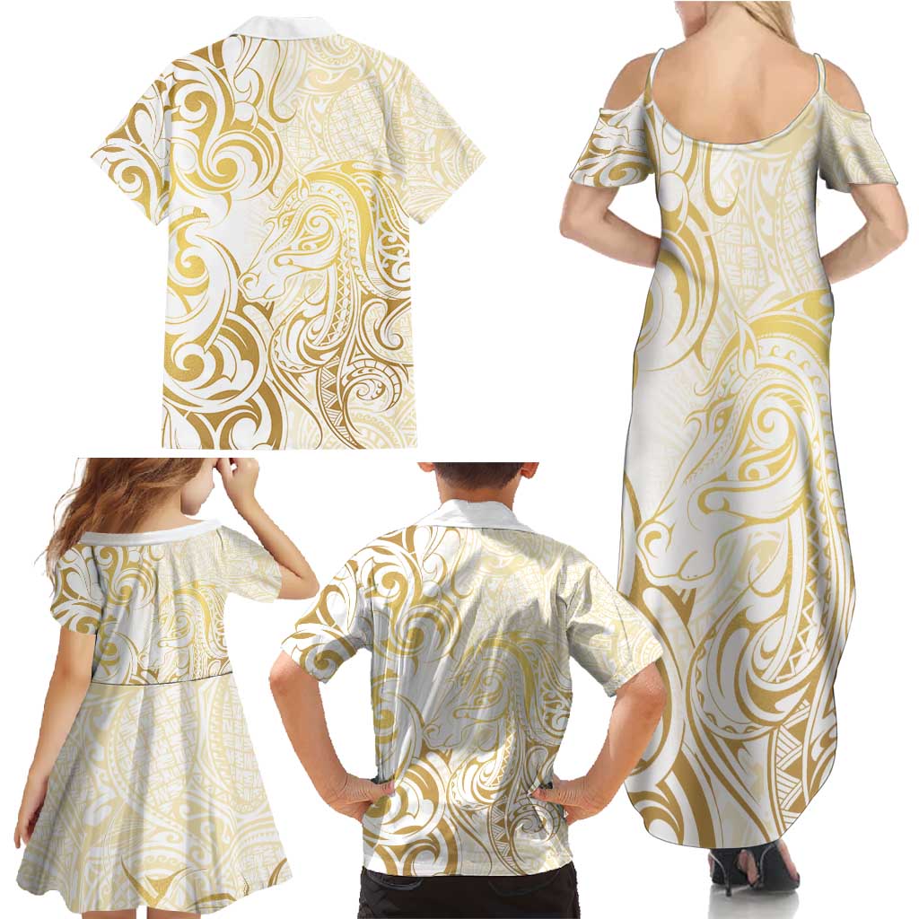 Gold And White Aoteara Horse Racing Family Matching Summer Maxi Dress and Hawaiian Shirt NZ Maori Pattern