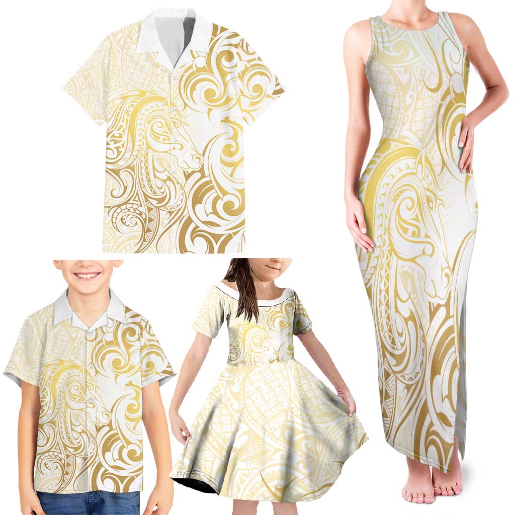 Gold And White Aoteara Horse Racing Family Matching Tank Maxi Dress and Hawaiian Shirt NZ Maori Pattern