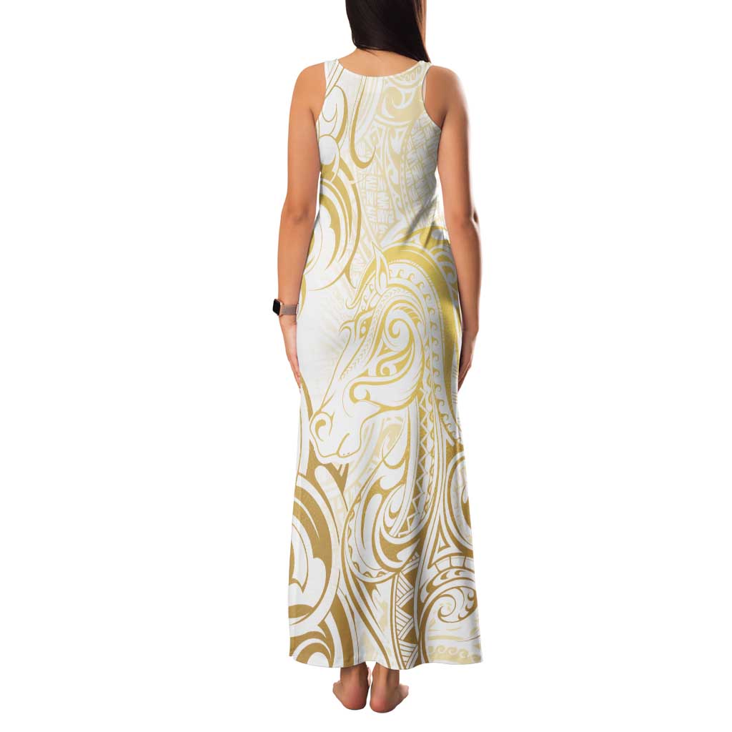 Gold And White Aoteara Horse Racing Family Matching Tank Maxi Dress and Hawaiian Shirt NZ Maori Pattern