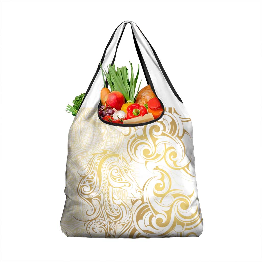 Gold And White Aoteara Horse Racing Grocery Bag NZ Maori Pattern