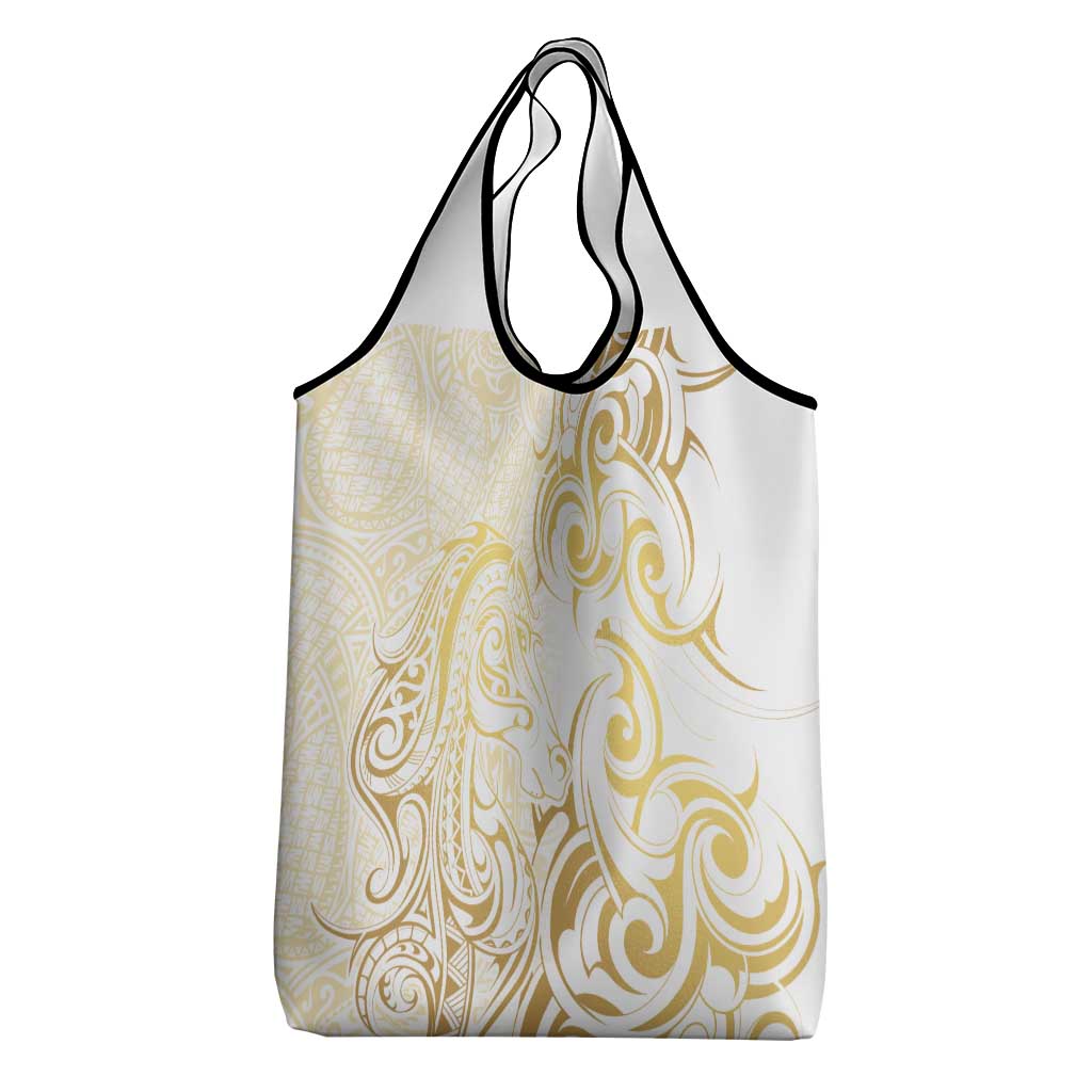 Gold And White Aoteara Horse Racing Grocery Bag NZ Maori Pattern