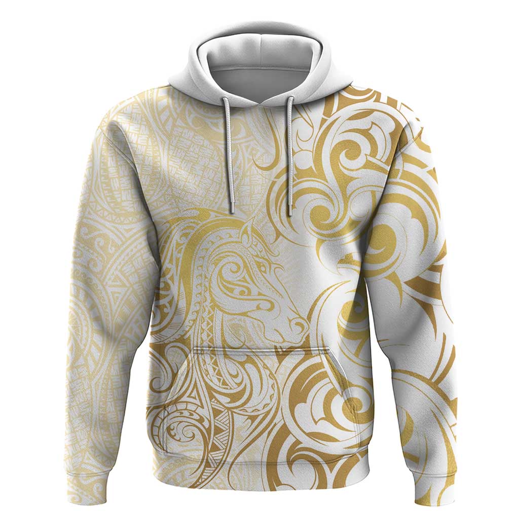 Gold And White Aoteara Horse Racing Hoodie NZ Maori Pattern - Vibe Hoodie Shop