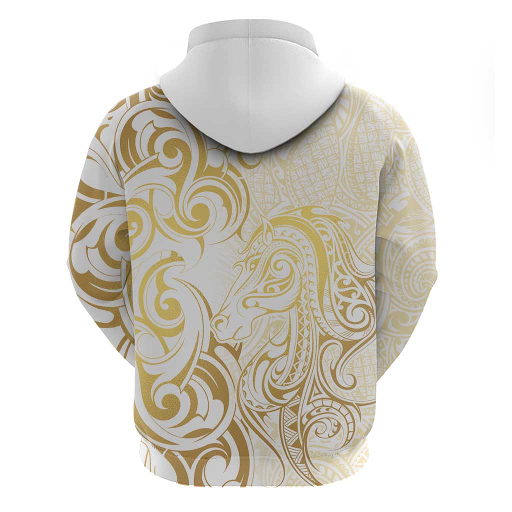 Gold And White Aoteara Horse Racing Hoodie NZ Maori Pattern - Vibe Hoodie Shop
