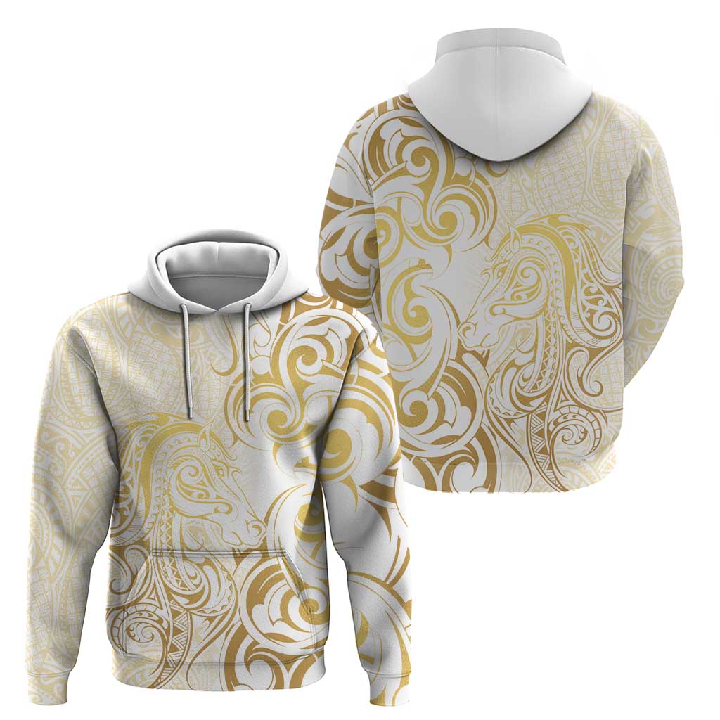 Gold And White Aoteara Horse Racing Hoodie NZ Maori Pattern - Vibe Hoodie Shop