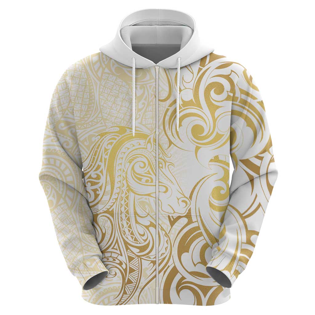 Gold And White Aoteara Horse Racing Hoodie NZ Maori Pattern - Vibe Hoodie Shop