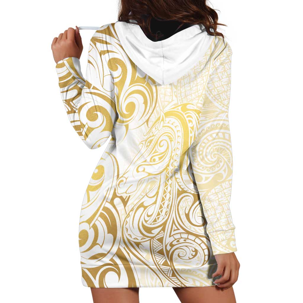 Gold And White Aoteara Horse Racing Hoodie Dress NZ Maori Pattern - Vibe Hoodie Shop