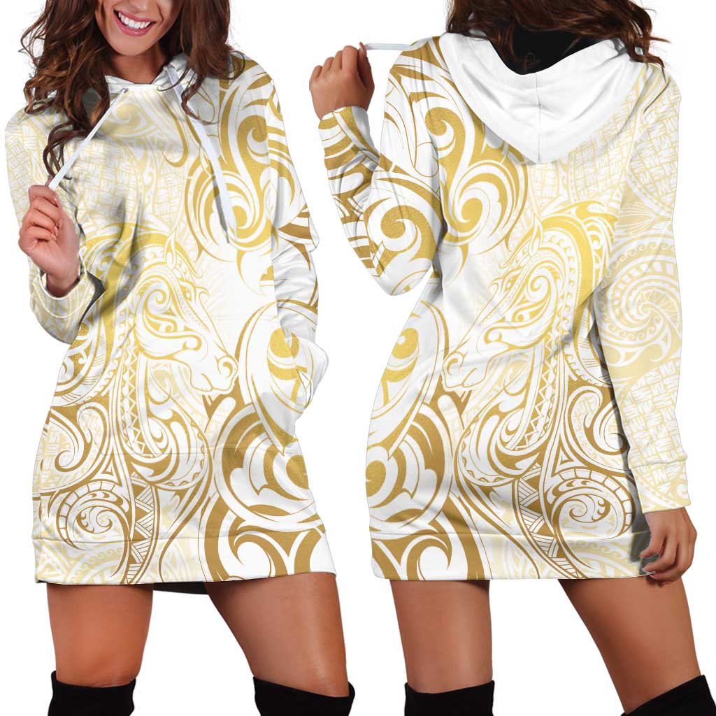 Gold And White Aoteara Horse Racing Hoodie Dress NZ Maori Pattern - Vibe Hoodie Shop