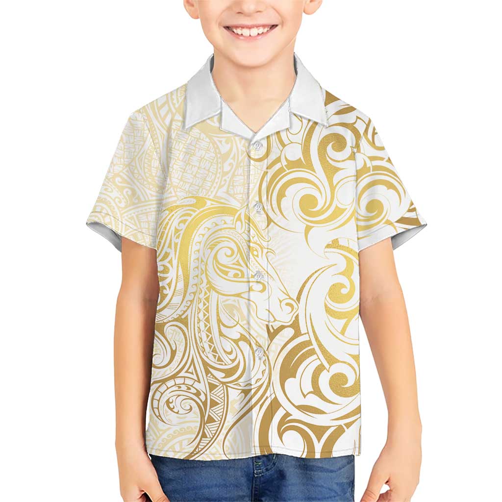 Gold And White Aoteara Horse Racing Kid Hawaiian Shirt NZ Maori Pattern