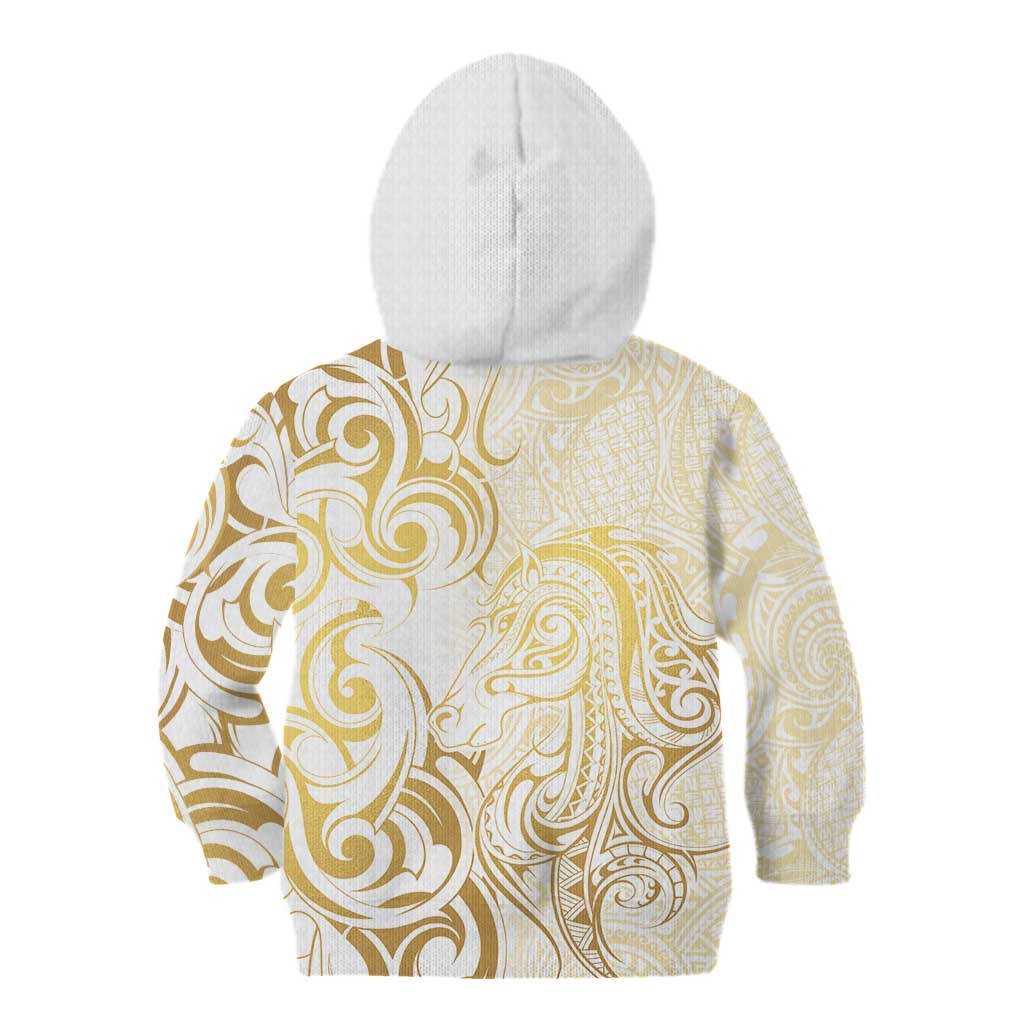 Gold And White Aoteara Horse Racing Kid Hoodie NZ Maori Pattern - Vibe Hoodie Shop