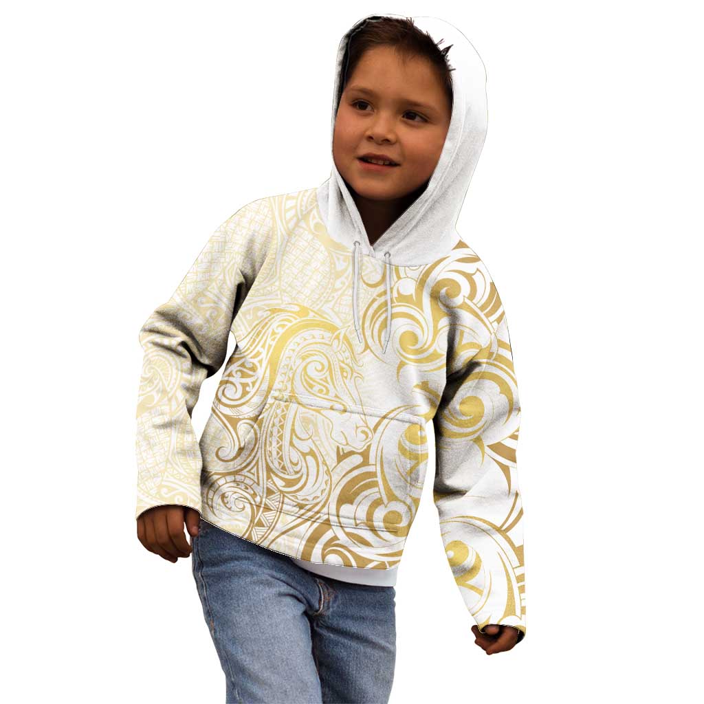 Gold And White Aoteara Horse Racing Kid Hoodie NZ Maori Pattern - Vibe Hoodie Shop