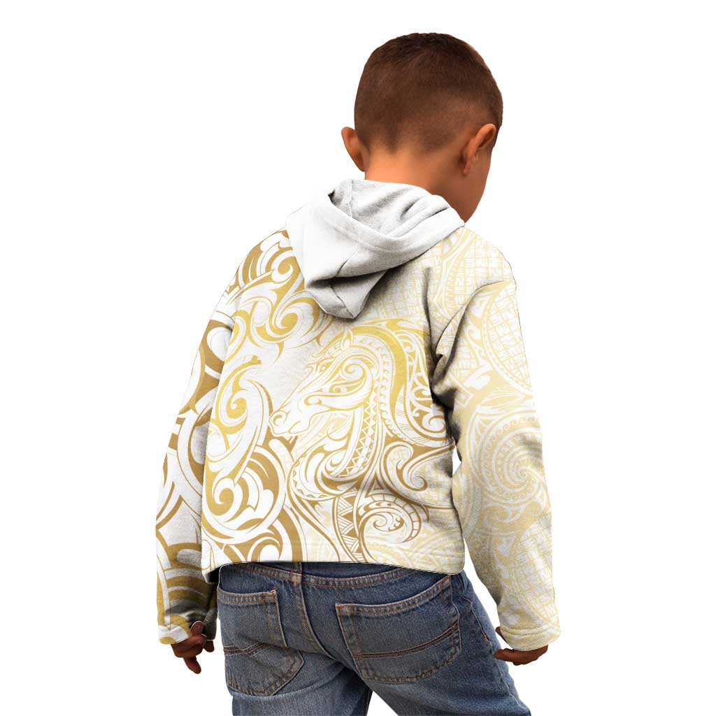 Gold And White Aoteara Horse Racing Kid Hoodie NZ Maori Pattern - Vibe Hoodie Shop